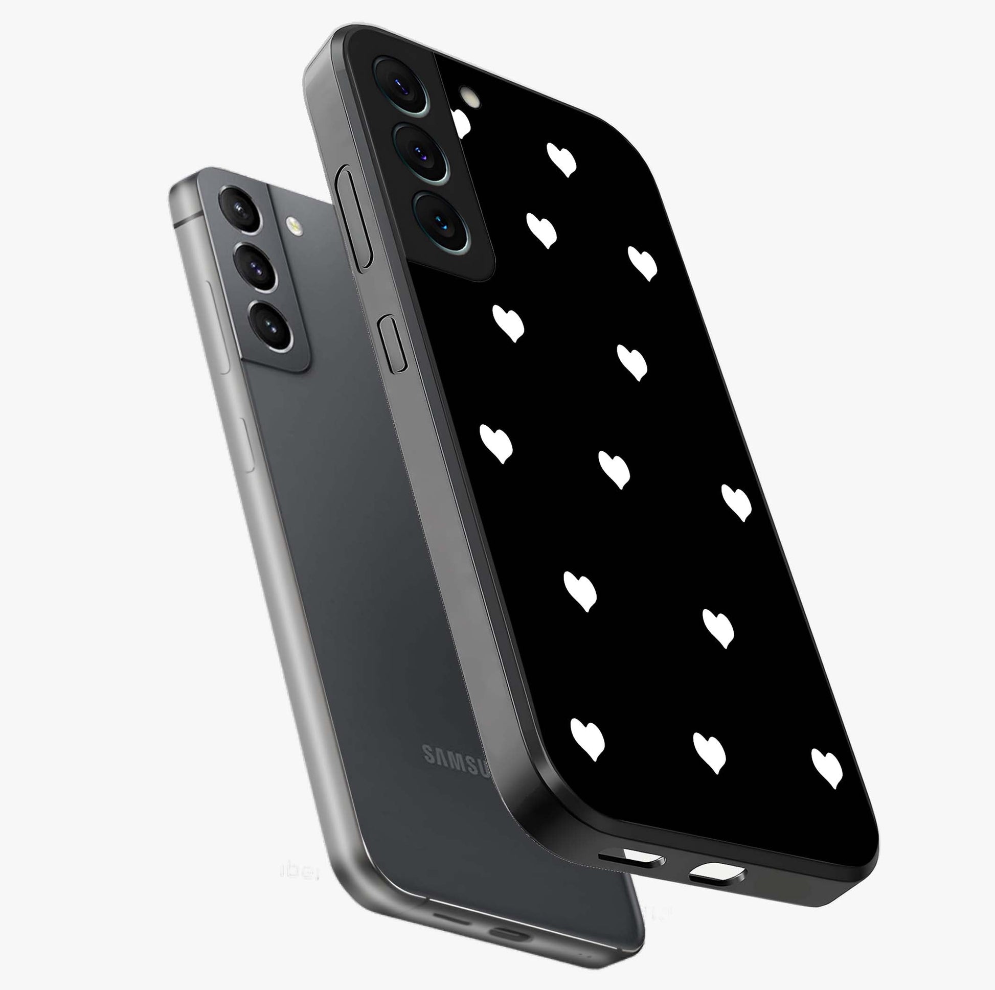 Cute And Simple White Hearts Glass Case displayed in angled mockup highlighting cute heart design with clean aesthetic style.