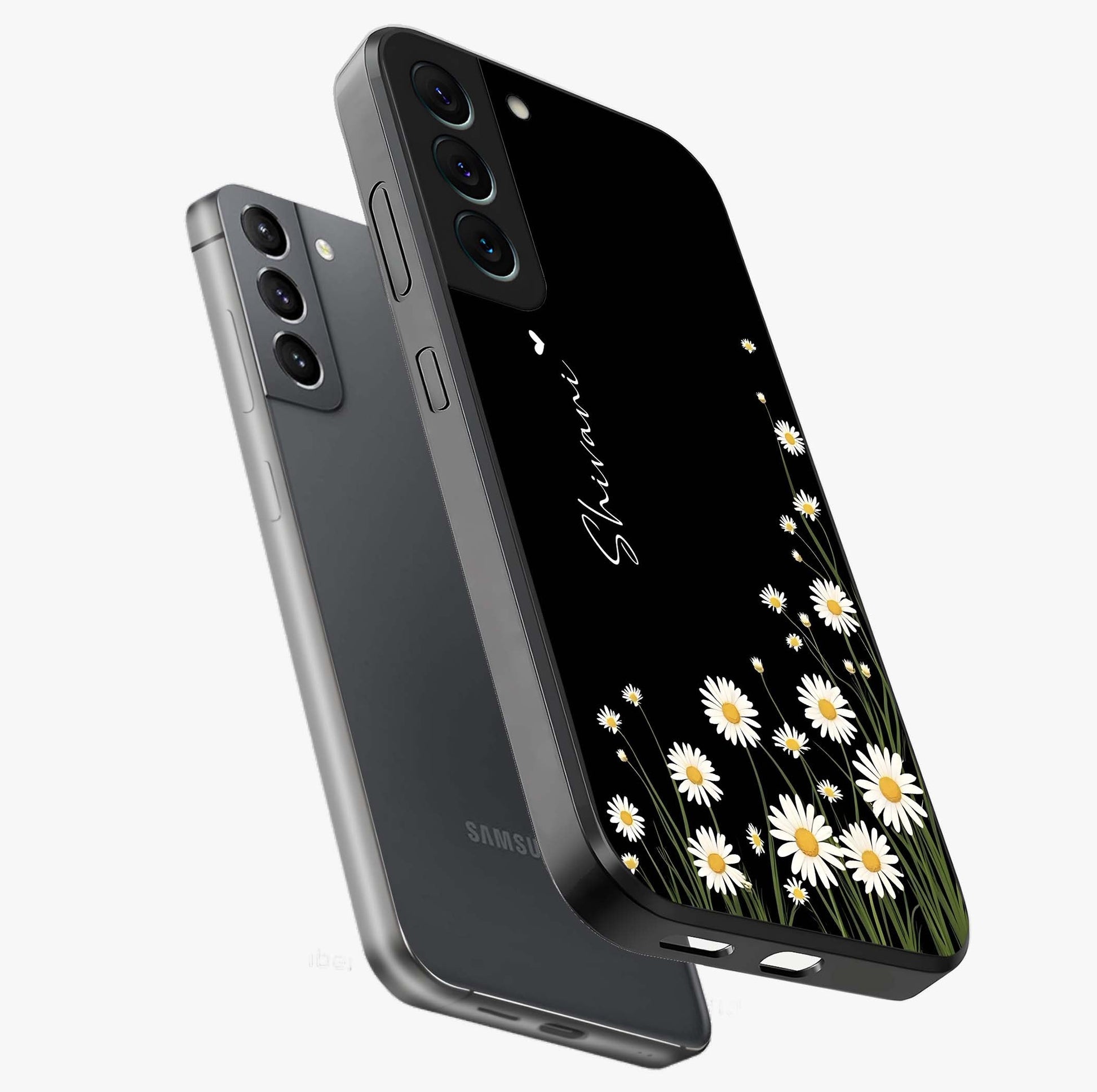 Daisy Cascade Custom Name Glass Case displayed in angled mockup highlighting delicate daisy artwork with custom name feature.