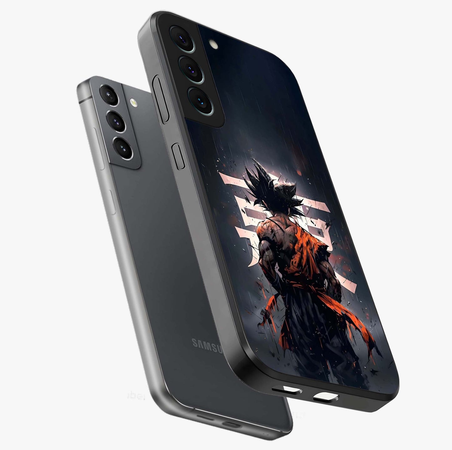 Dark Warrior In Rain Glass Case displayed in angled mockup highlighting dramatic warrior illustration with dark rain aesthetic.