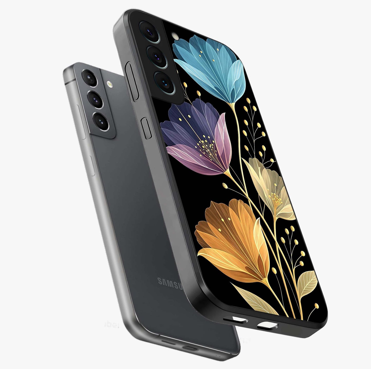 Delicate Multicolor Flowers Glass Case displayed in angled mockup highlighting colorful flower pattern with soft aesthetic style.