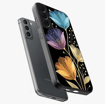 Delicate Multicolor Flowers Glass Case displayed in angled mockup highlighting colorful flower pattern with soft aesthetic style.