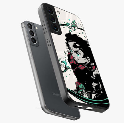 Demon Slayer Glass Case displayed in angled mockup highlighting dramatic anime character design with action aesthetic.