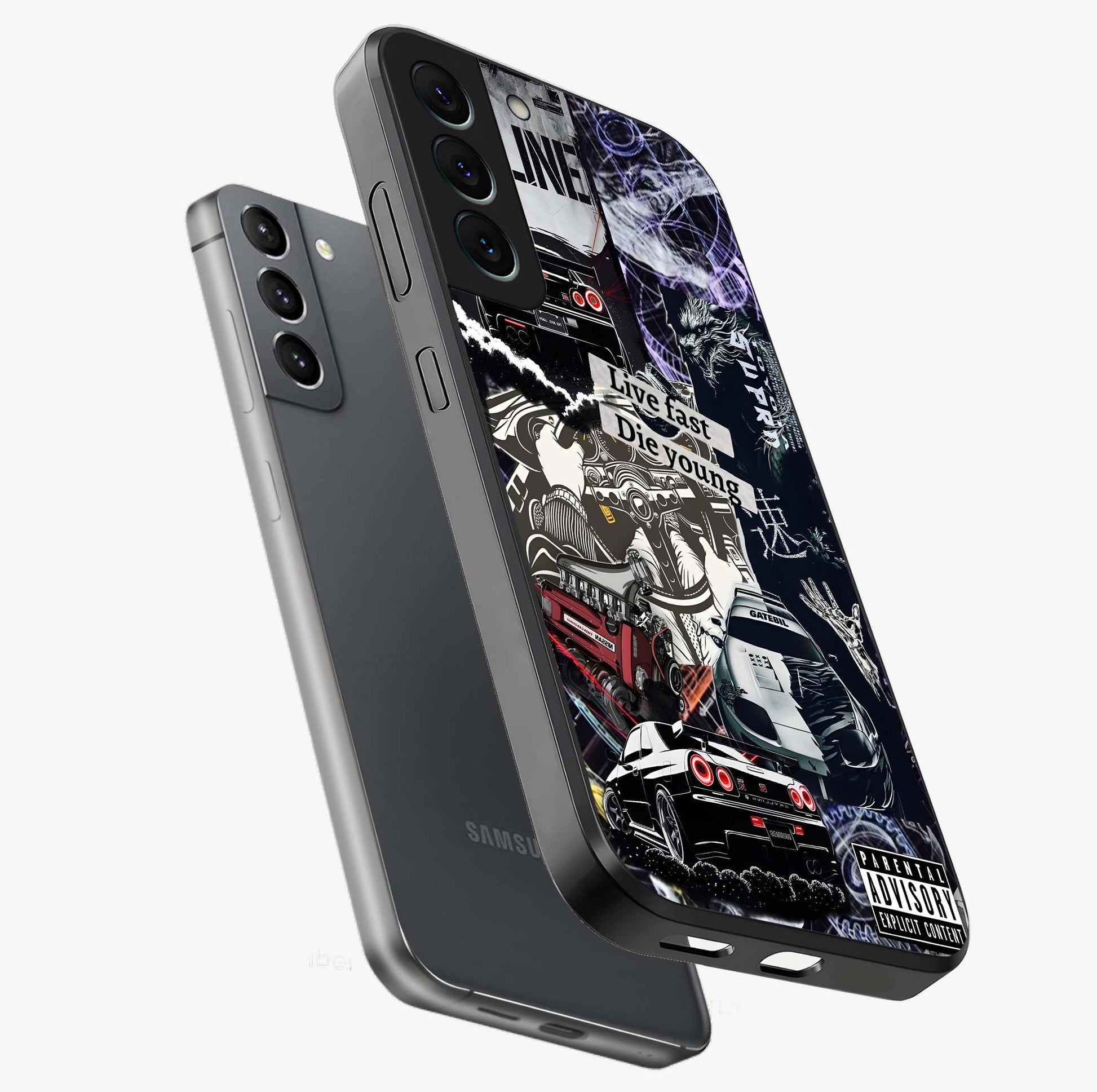 Die Young Glass Case displayed in angled mockup highlighting expressive graphic artwork with edgy aesthetic style.