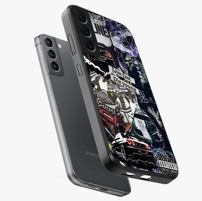 Die Young Glass Case displayed in angled mockup highlighting expressive graphic artwork with edgy aesthetic style.