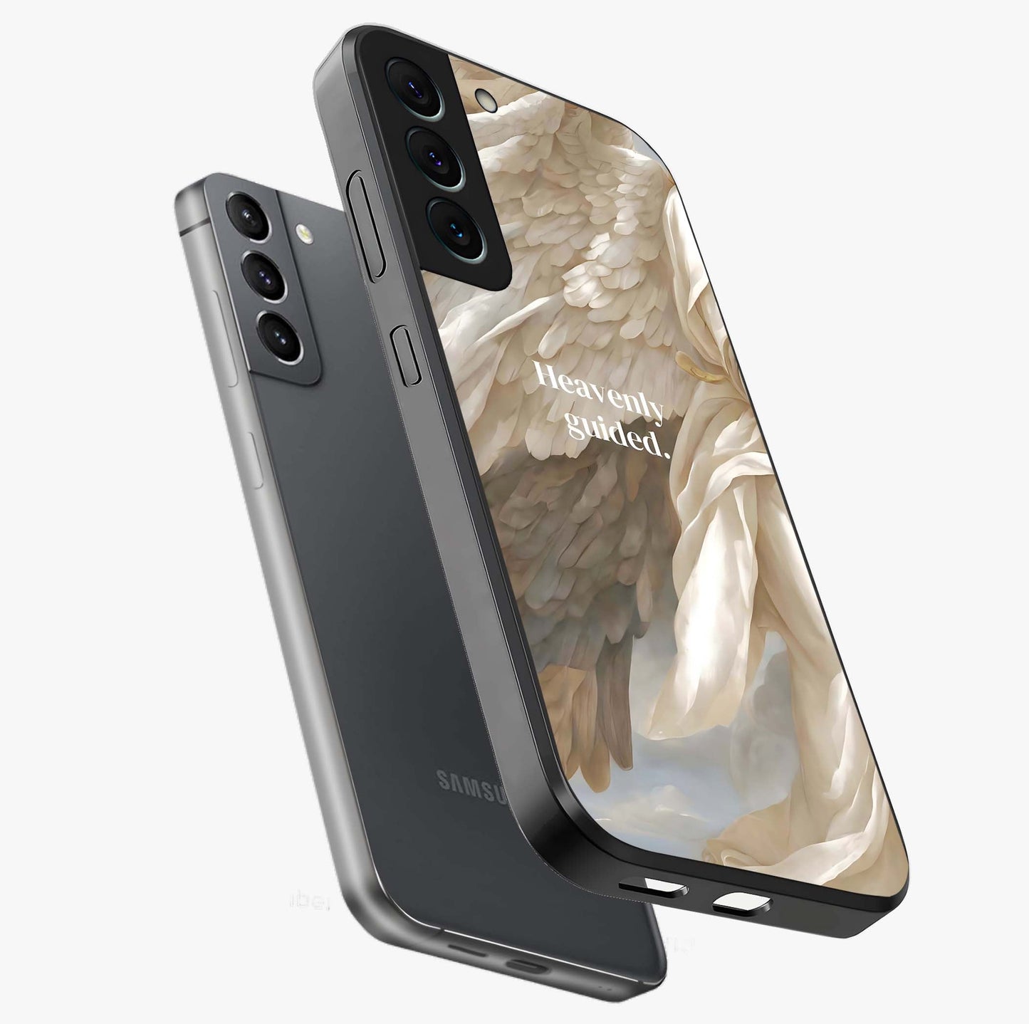 Divine Winged Grace Glass Case displayed in angled mockup highlighting graceful wing design with divine aesthetic style.