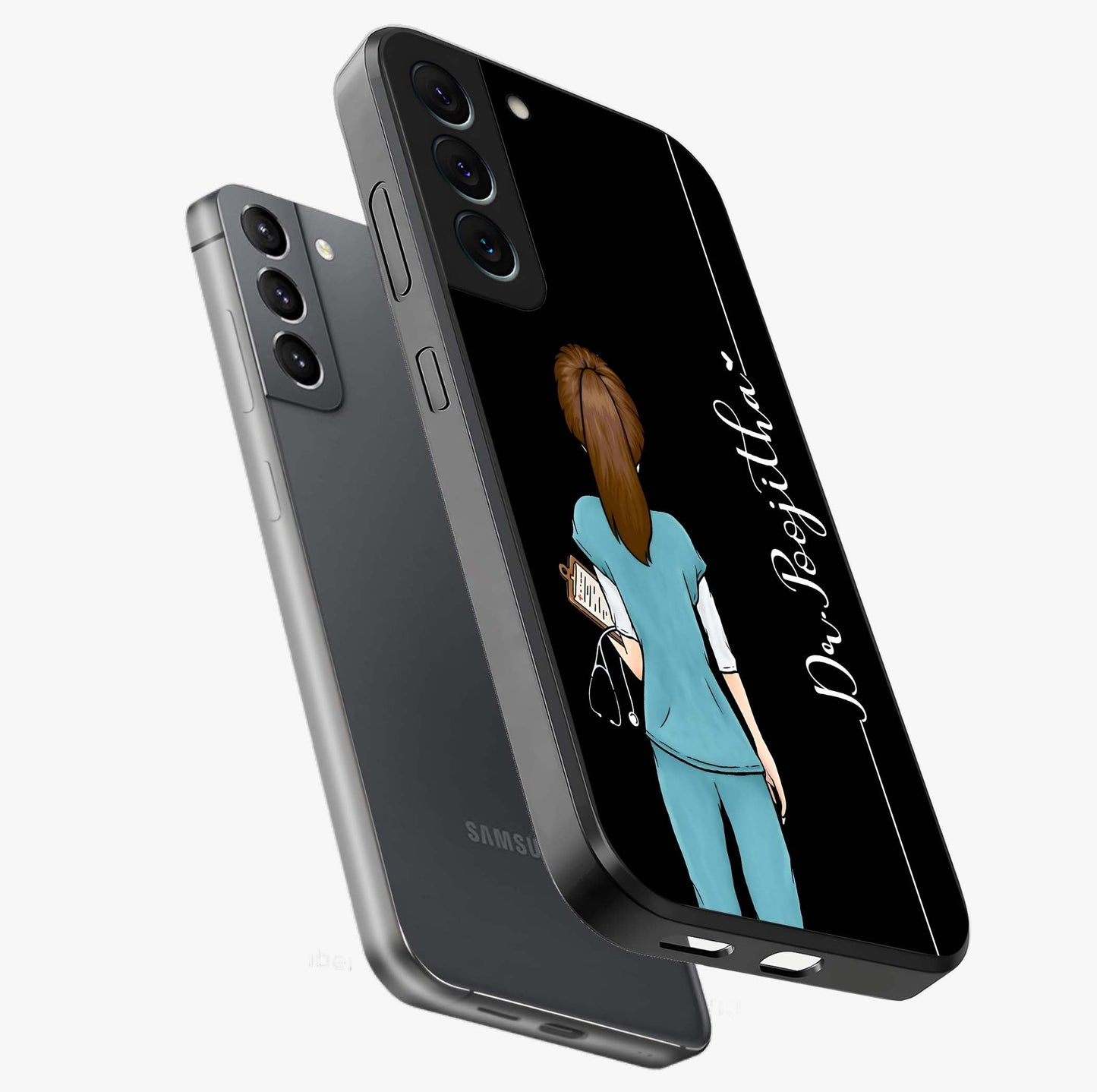 Doctor Pattern Custom Name Glass Case displayed in angled mockup highlighting doctor inspired artwork with custom name feature.