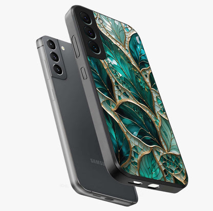 Emerald Leaf Glass Glass Case displayed in angled mockup highlighting botanical leaf illustration with elegant natural aesthetic.