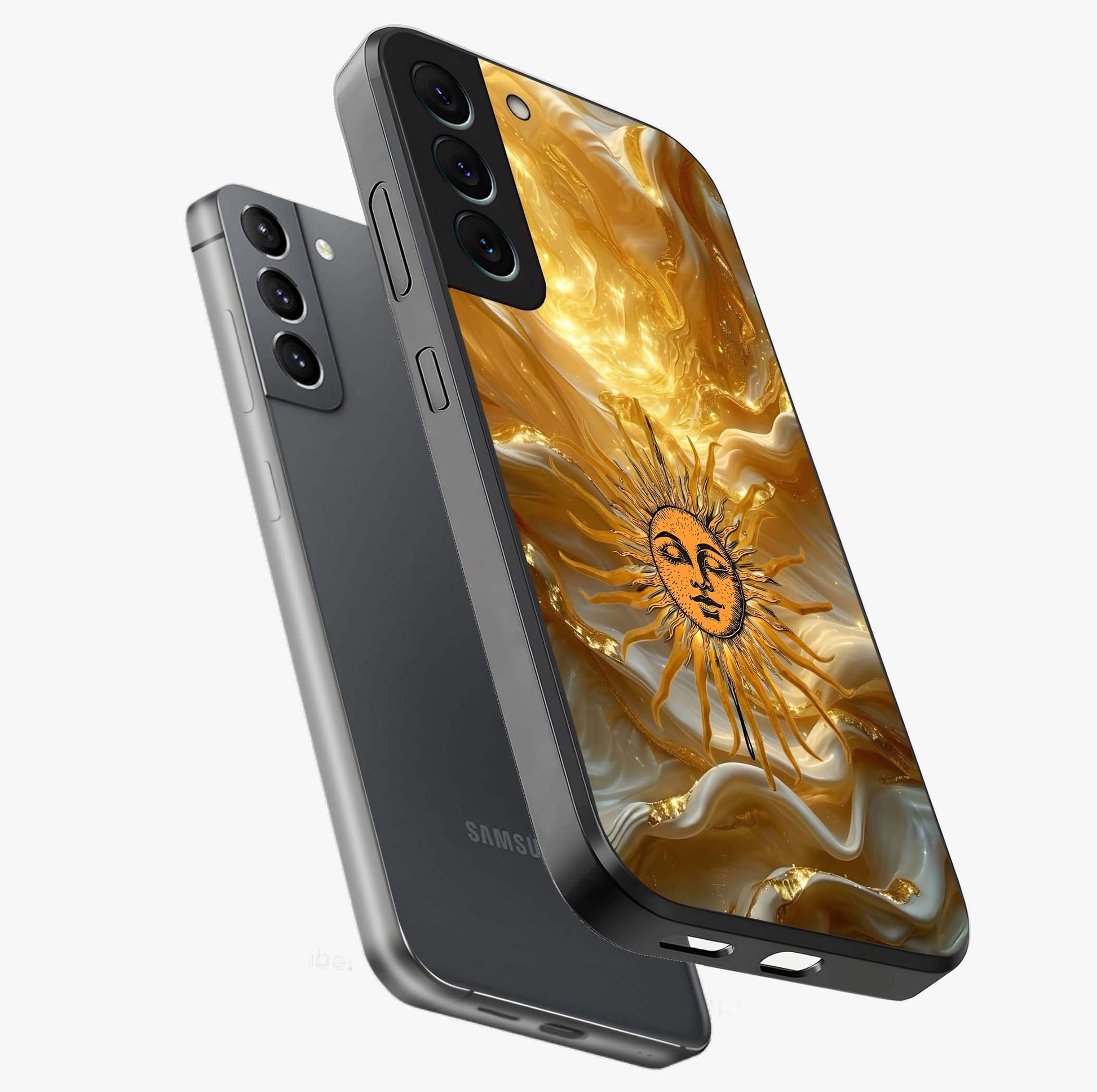 Eternal Golden Glow Glass Case displayed in angled mockup highlighting glowing golden aesthetic design with elegant style.
