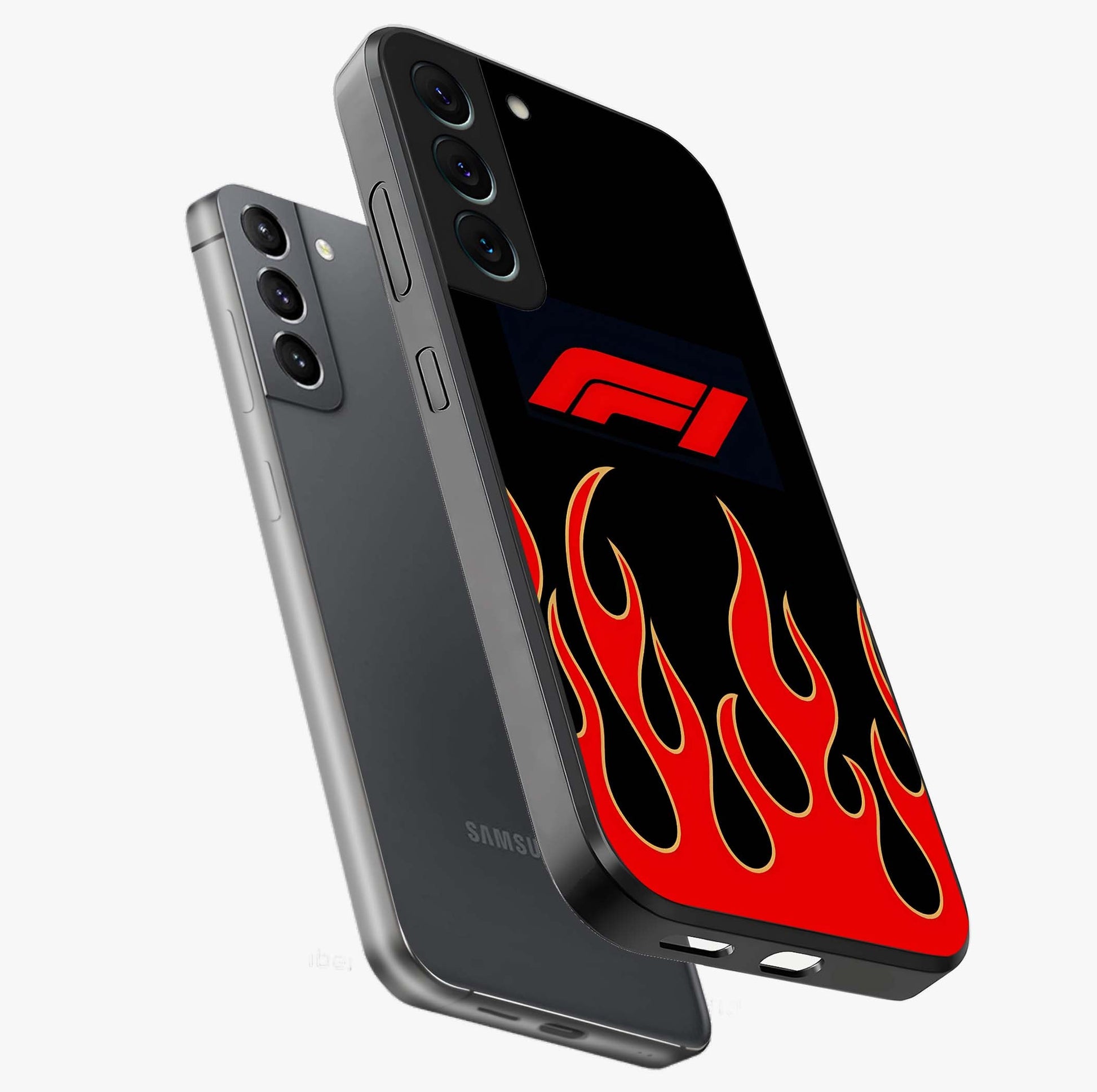 Fire F11 Glass Case displayed in angled mockup highlighting bold fire inspired graphic with energetic aesthetic style.