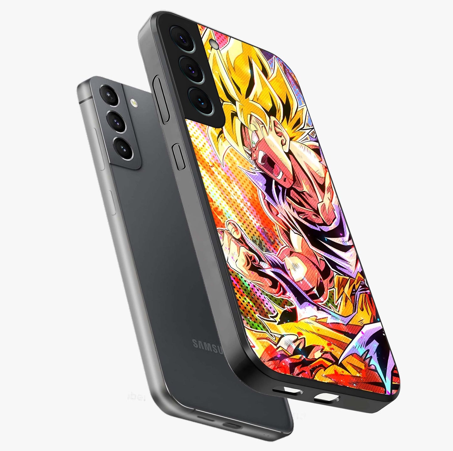 Firing Goku Glass Case displayed in angled mockup highlighting dynamic anime character design with action aesthetic.
