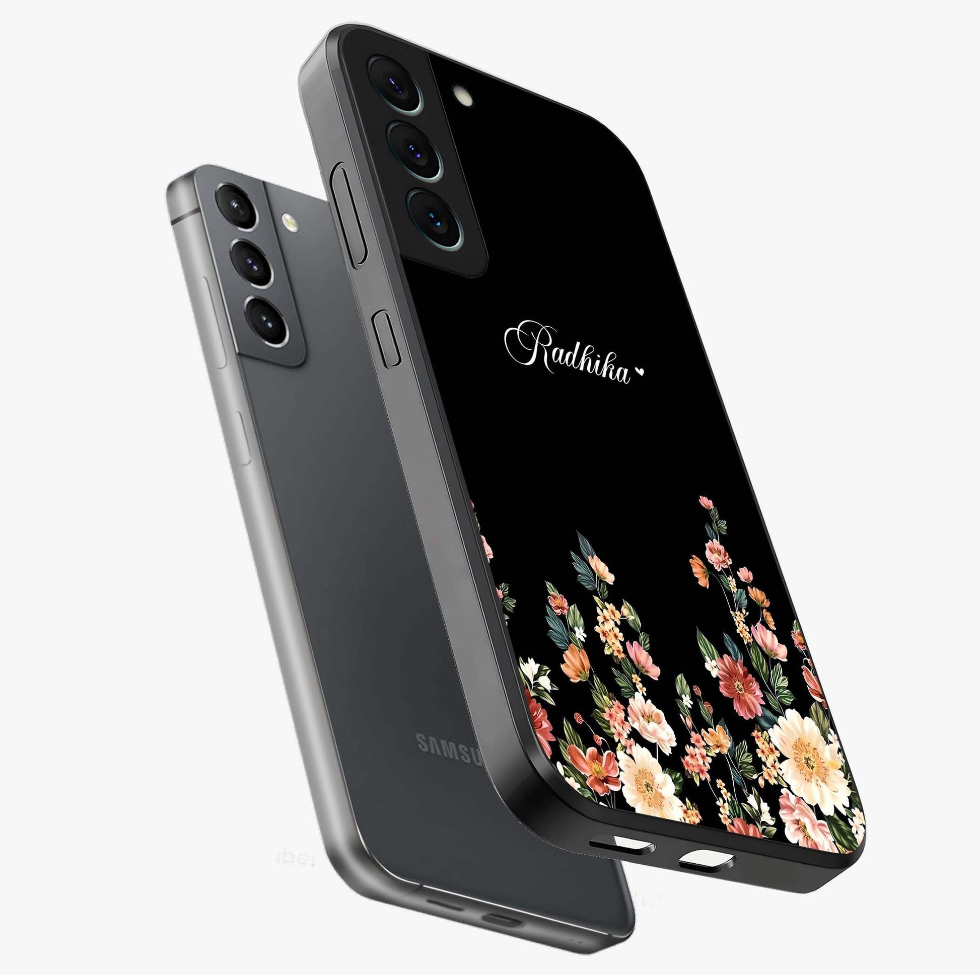 Floral Design With a Custom Personalized Name Glass Case displayed in angled mockup highlighting elegant floral pattern with custom name feature.