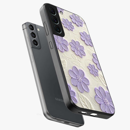 Floral Wall Art With Purple Flowers Glass Case displayed in angled mockup highlighting vibrant purple floral illustration with artistic aesthetic.