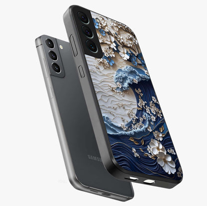 Floral Wave Origami Glass Case displayed in angled mockup highlighting geometric origami flower design with modern aesthetic style.