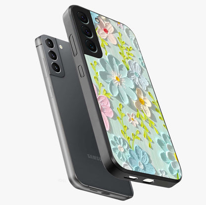 Frosted Petal Garden Glass Case displayed in angled mockup highlighting delicate flower petal design with calm garden aesthetic.
