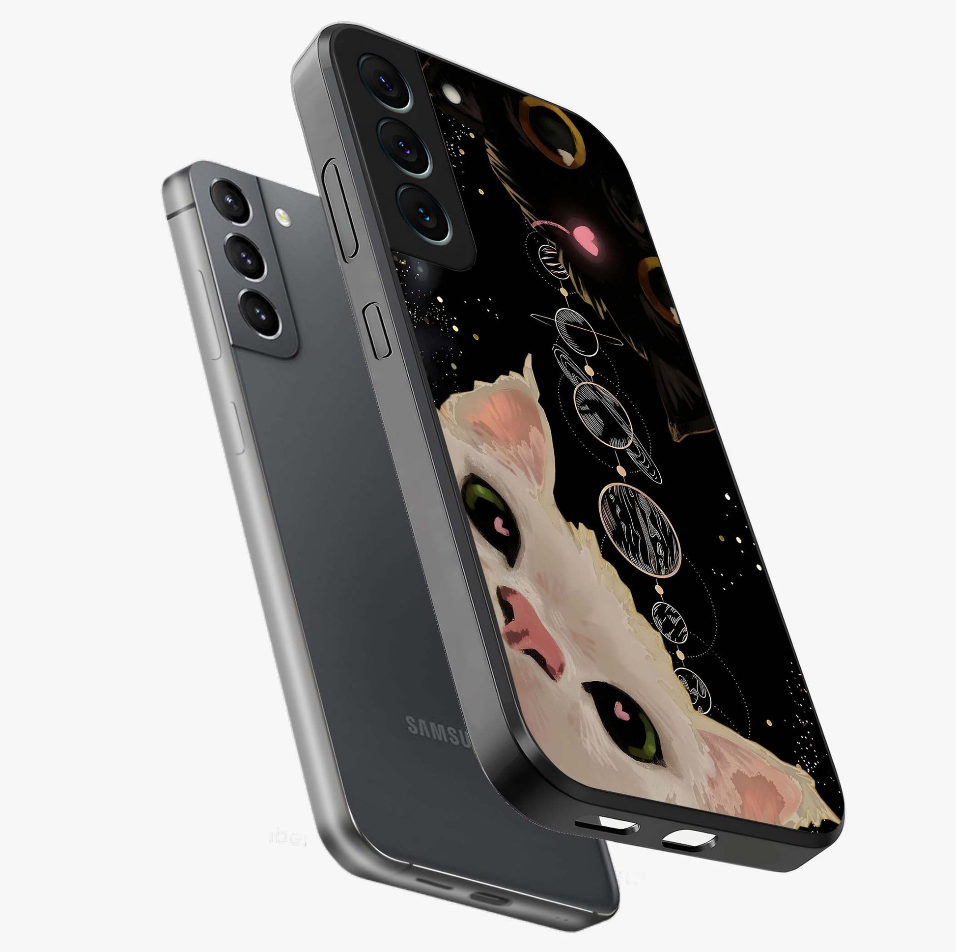 Galactic Cat Glass Case displayed in angled mockup highlighting celestial feline illustration with galaxy aesthetic style.