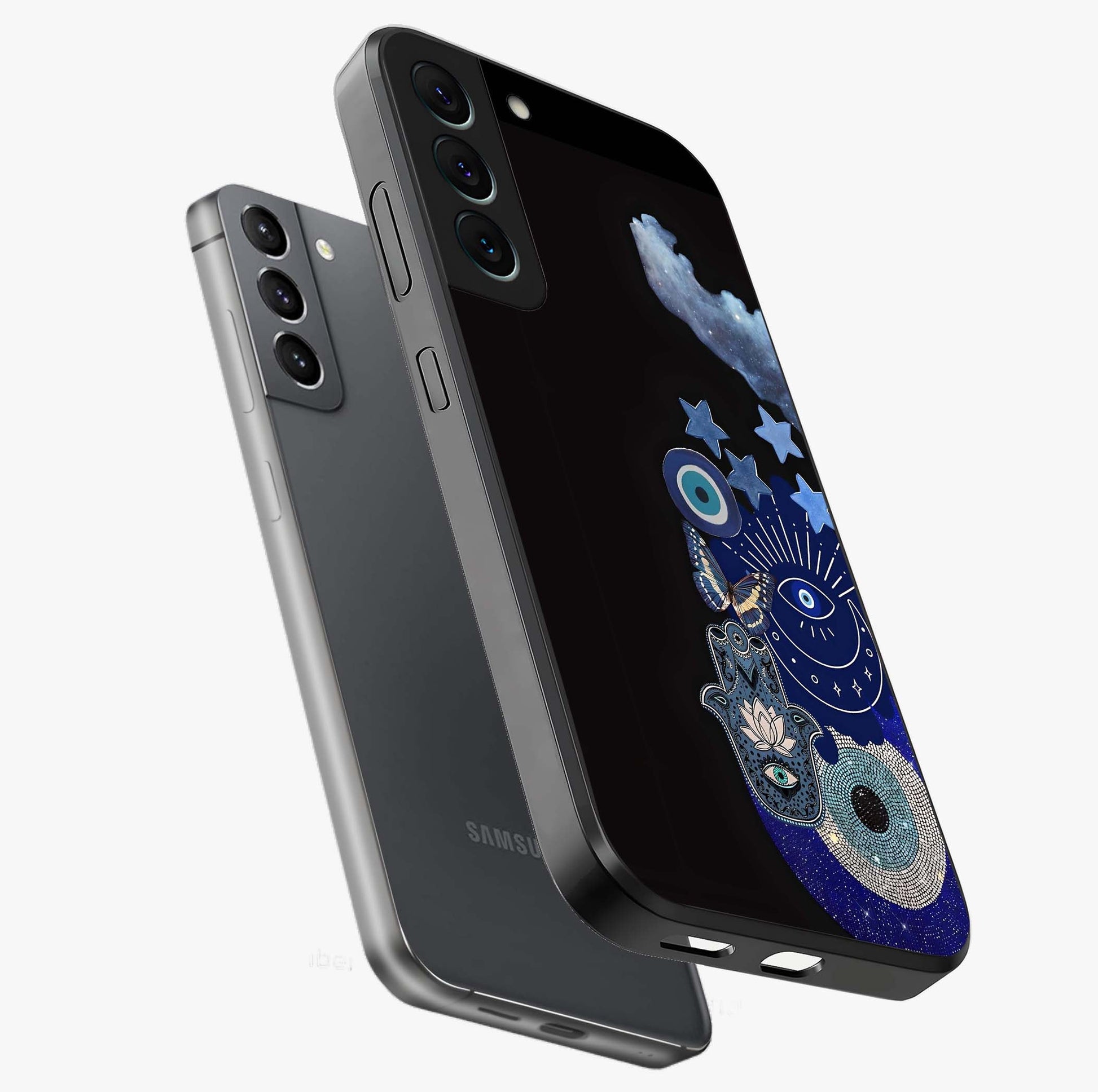 Galactic Charm Cluster Glass Case displayed in angled mockup highlighting luminous galaxy inspired design with dreamy aesthetic.