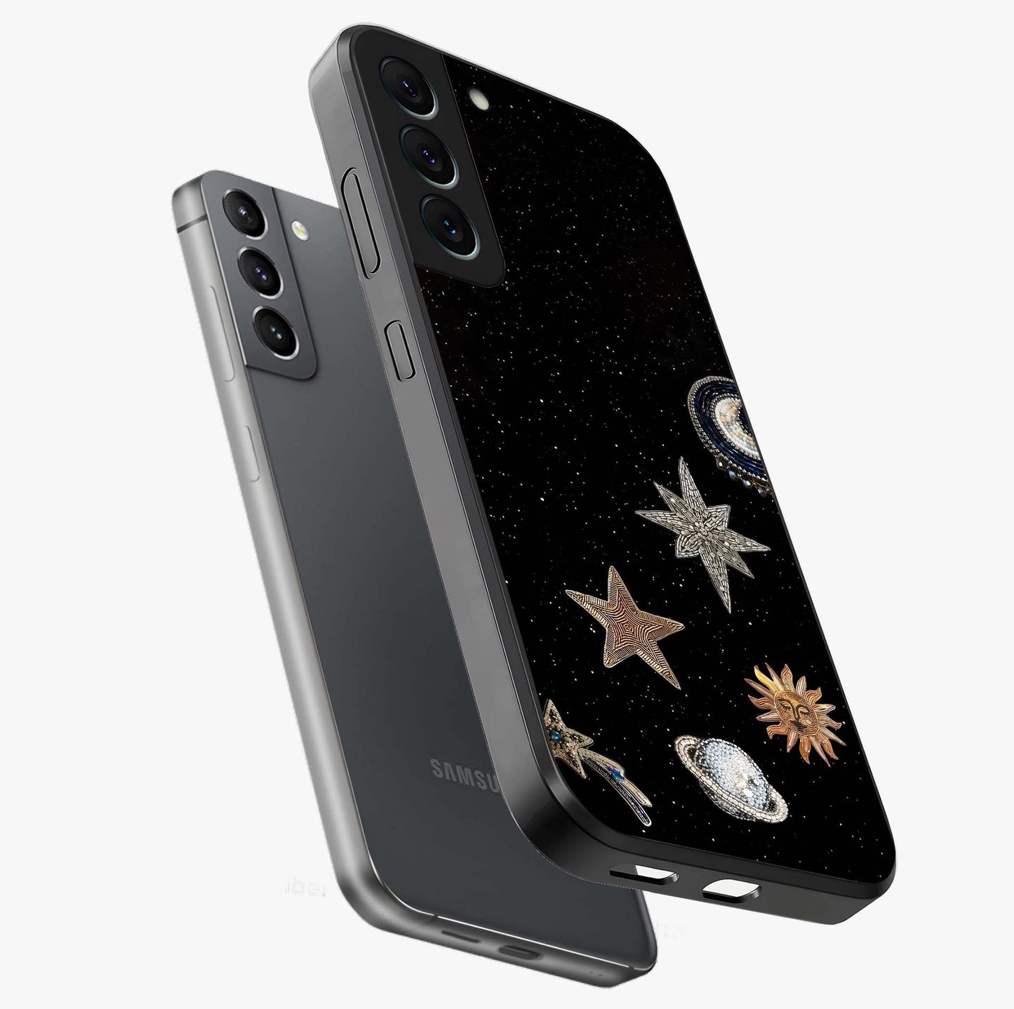 Galactic Charm Glow Glass Case displayed in angled mockup highlighting luminous galaxy inspired design with dreamy aesthetic.