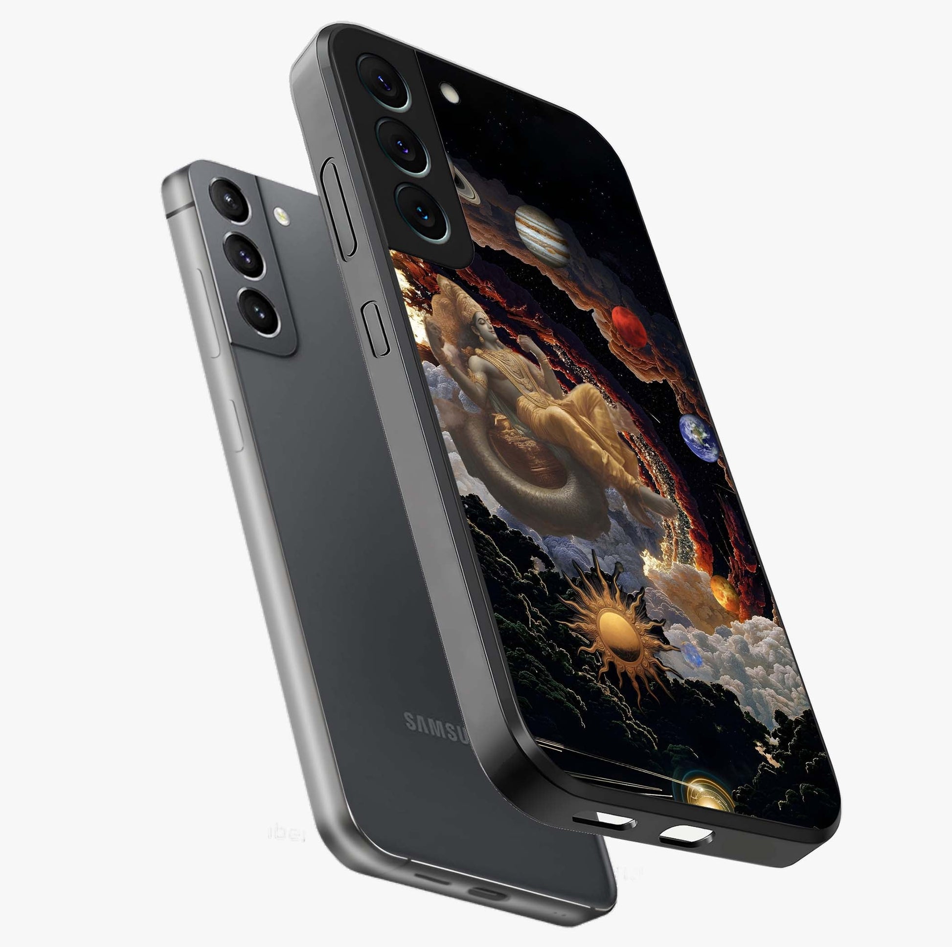 Galactic Divine God Glass Case displayed in angled mockup highlighting powerful celestial deity illustration with galactic aesthetic.