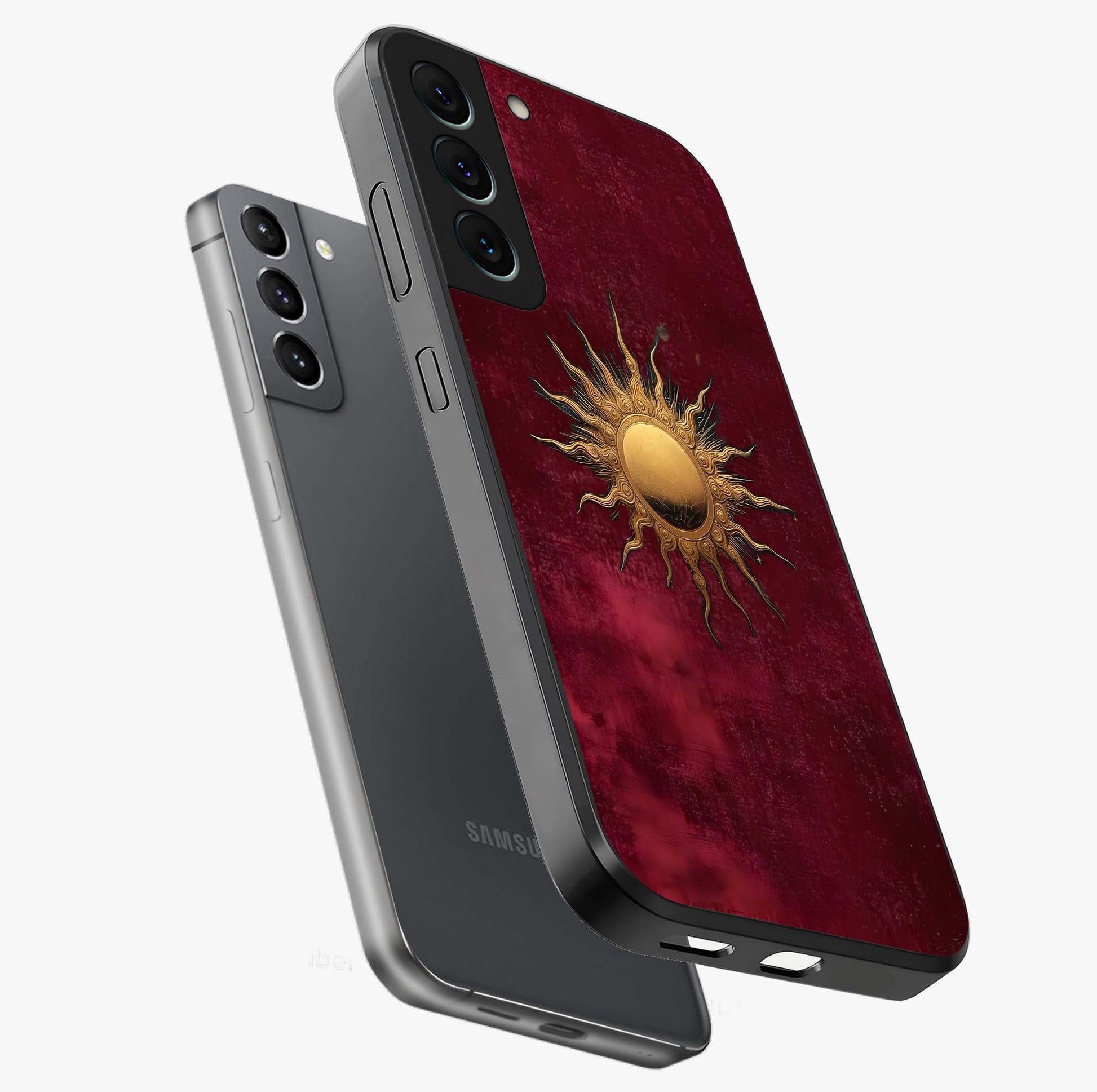 Golden Sun Minimalism Glass Case displayed in angled mockup highlighting clean sun symbol design with modern minimal aesthetic.