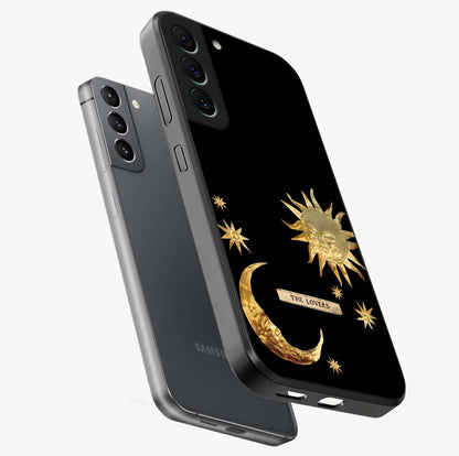 Gold Sun Blush Glass Case displayed in angled mockup highlighting radiant sun design with warm golden aesthetic.