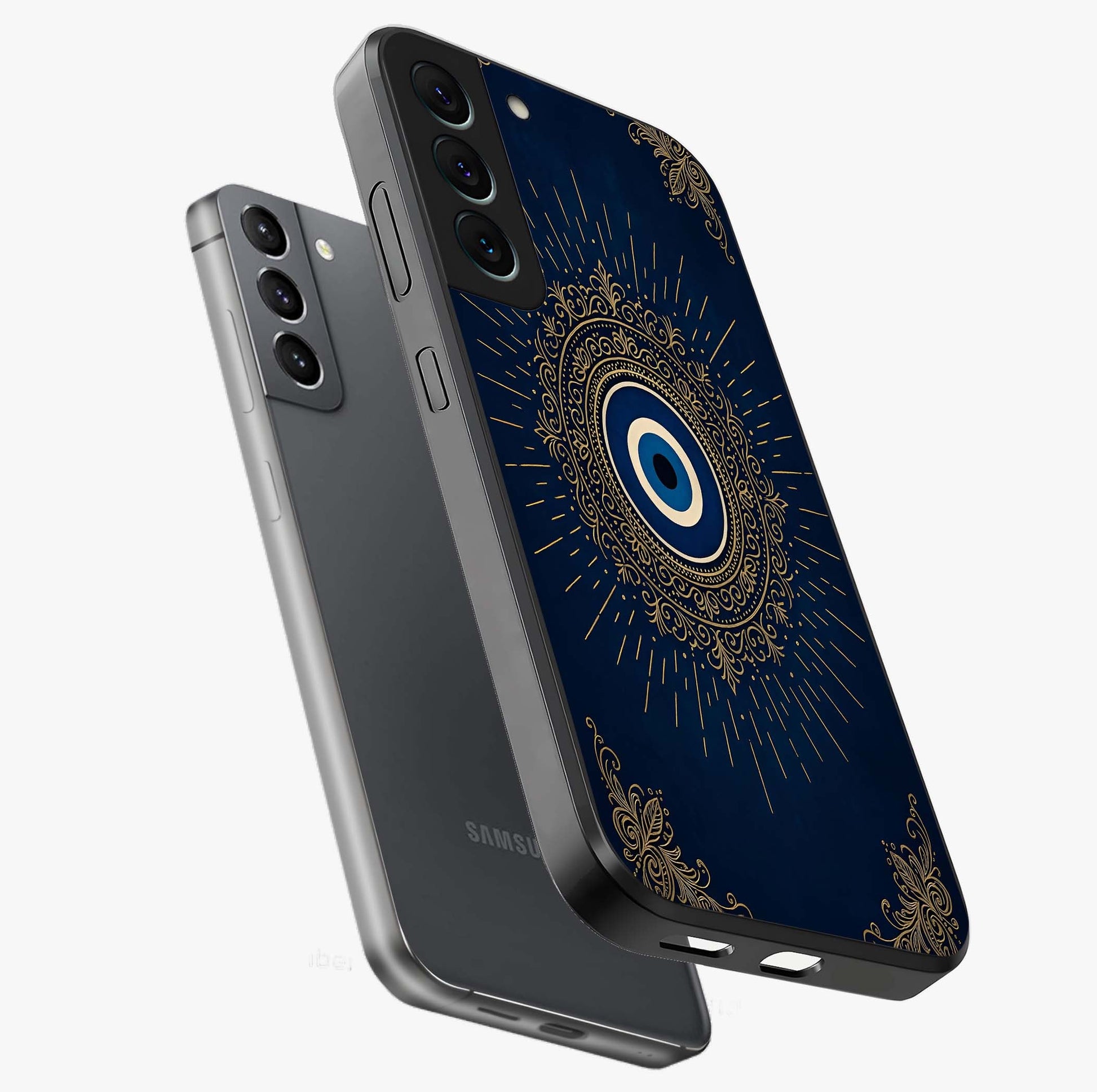 Golden Celestial Charm Glass Case displayed in angled mockup highlighting sparkling cosmic charm design with celestial aesthetic.