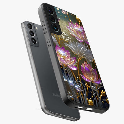Golden Floral Majesty Glass Case displayed in angled mockup highlighting elegant flower design with royal golden aesthetic.