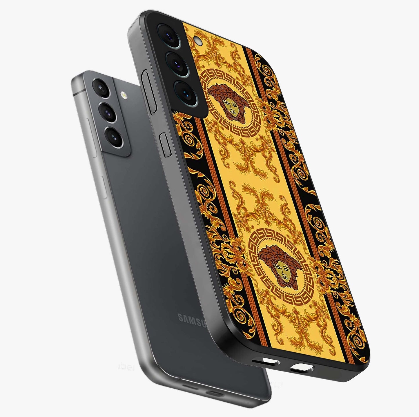 Golden Lotus Glow Glass Case displayed in angled mockup highlighting radiant lotus illustration with spiritual aesthetic.
