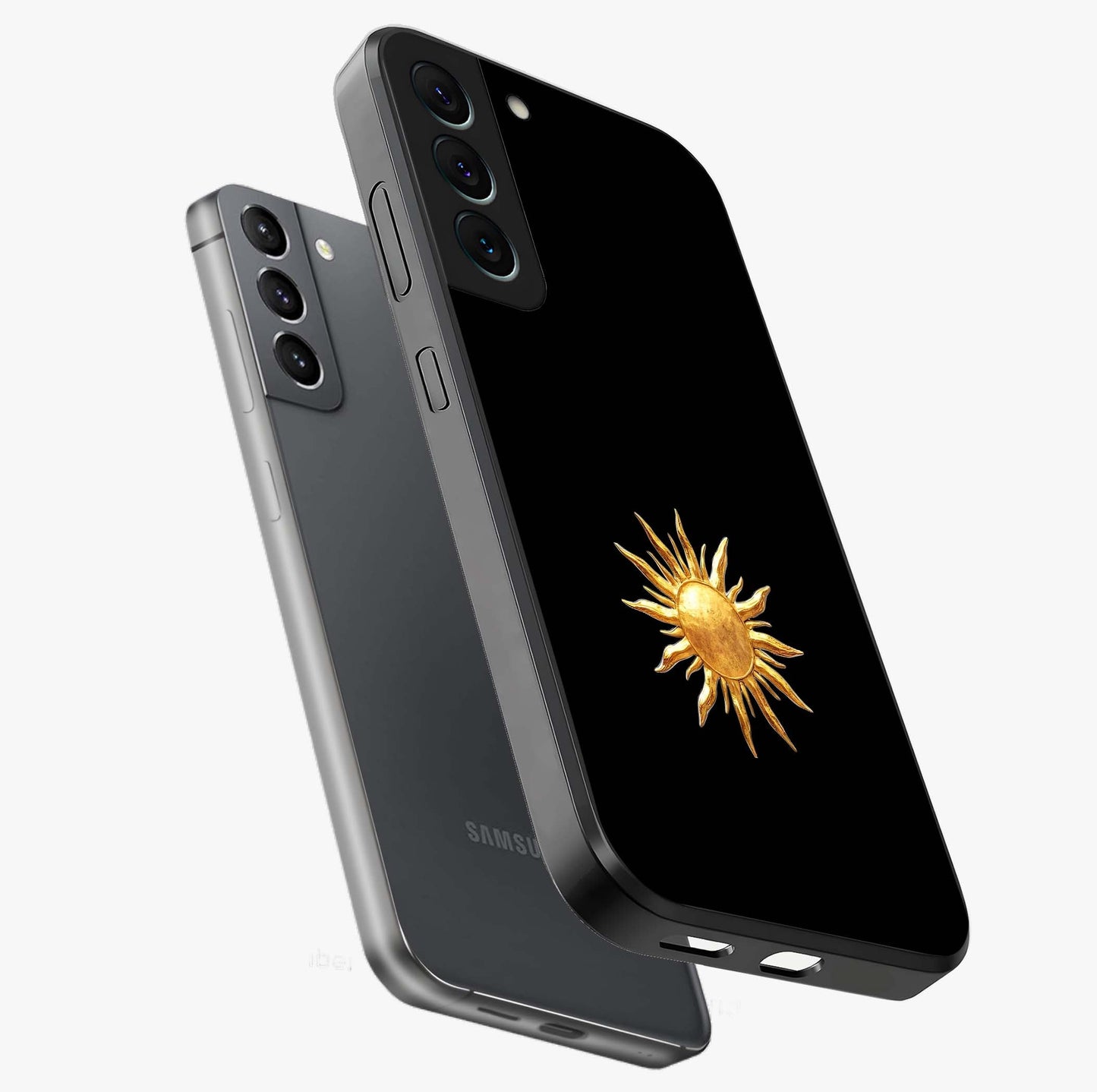 Golden Sun Minimalism Glass Case displayed in angled mockup highlighting eerie shadow illustration with gothic aesthetic.