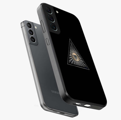 Illuminati Evil Glass Case displayed in angled mockup highlighting dark occult inspired design with bold aesthetic style.