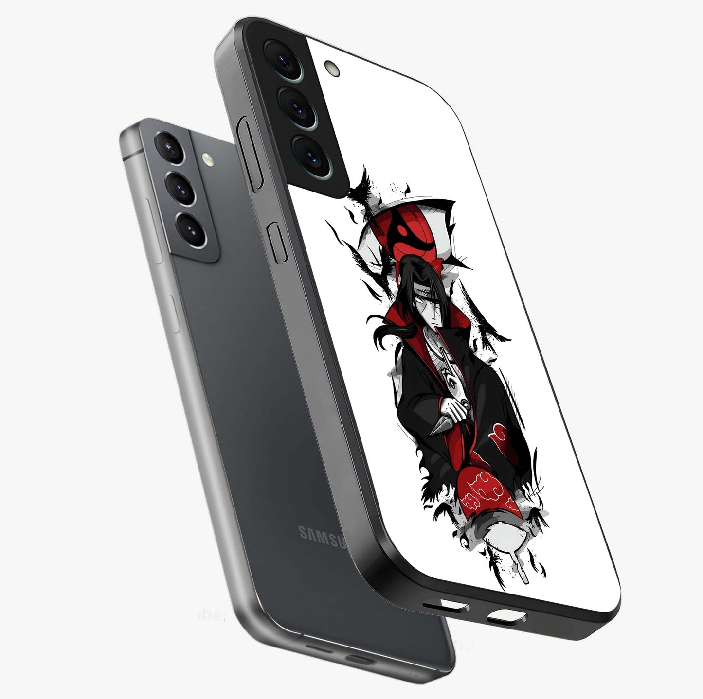 Itachi Limited Edition Naruto Anime Glass Case displayed in angled mockup highlighting dramatic anime illustration with bold action aesthetic.