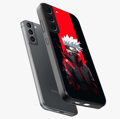 Kakashi Scarlet Shadow Glass Case displayed in angled mockup highlighting dramatic ninja illustration with scarlet themed aesthetic.