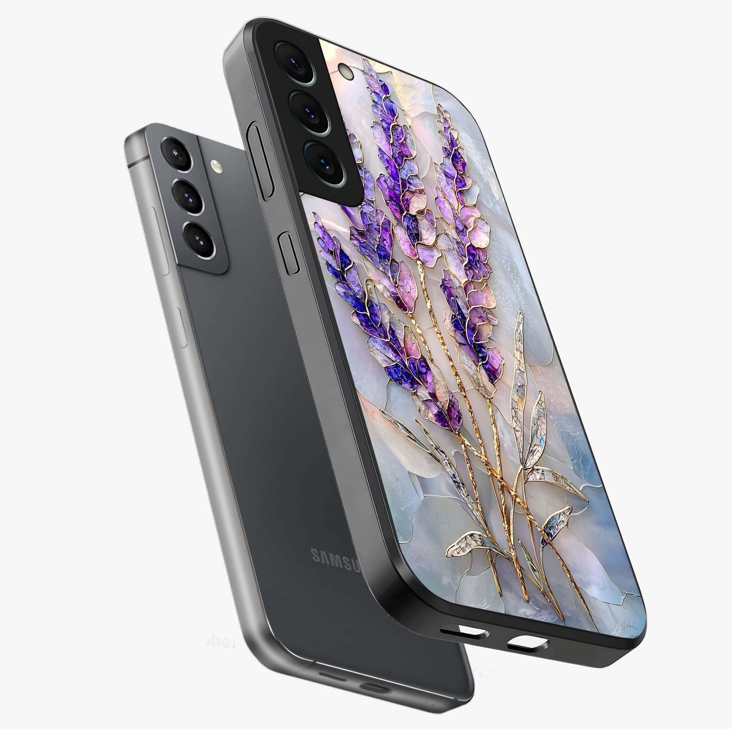 Lavender Dream Glow Glass Case displayed in angled mockup highlighting dreamy purple glow design with soft artistic style.