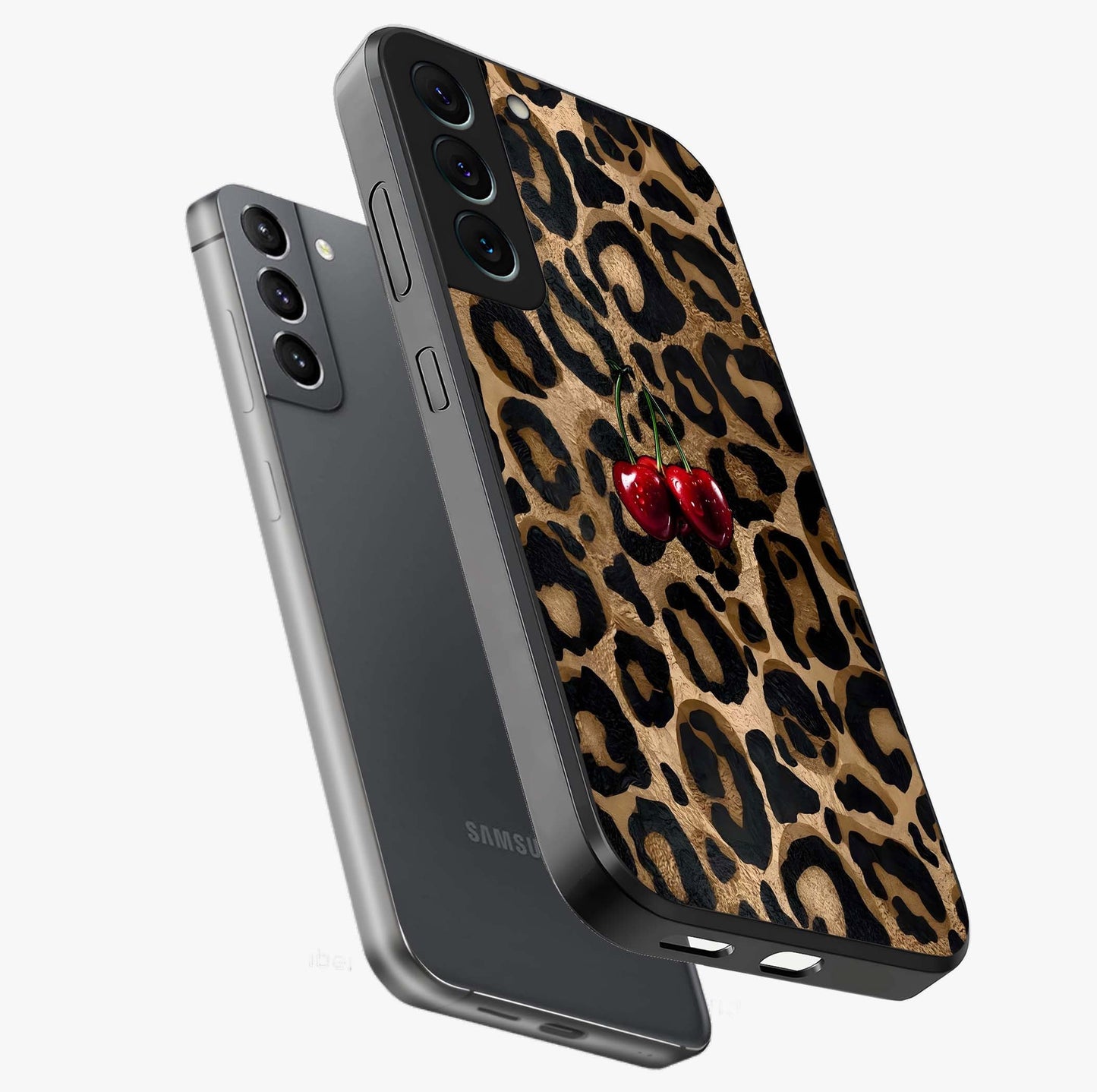 Leopard Wild Cherry Glass Case displayed in angled mockup highlighting bold animal print design with playful cherry aesthetic.