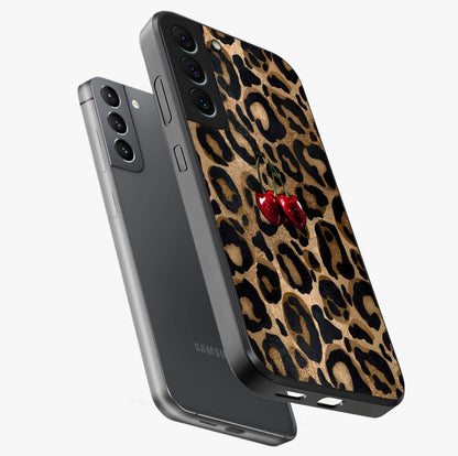 Leopard Wild Cherry Glass Case displayed in angled mockup highlighting bold animal print design with playful cherry aesthetic.