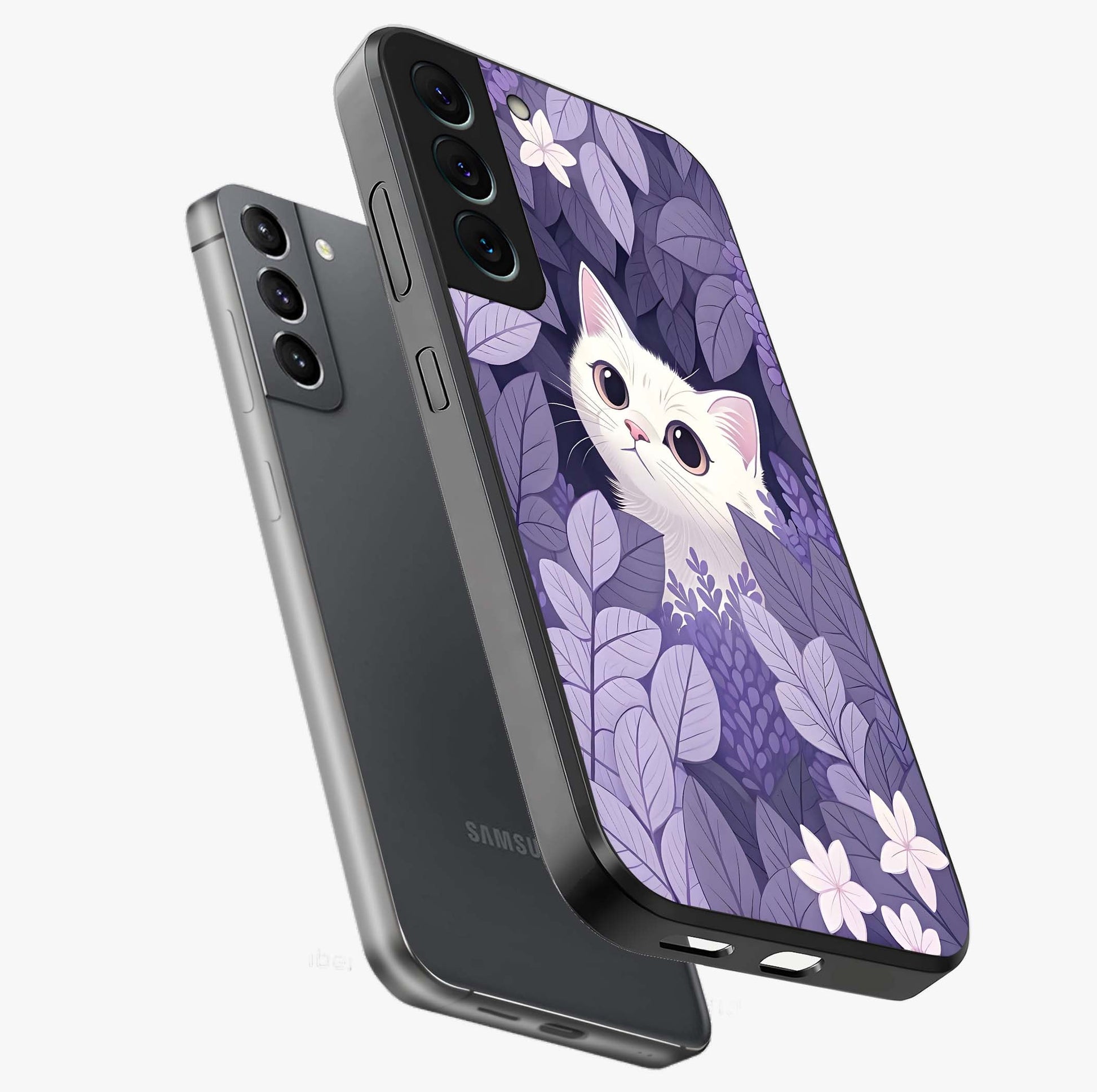 Lilac Hide Peek Cat Glass Case displayed in angled mockup highlighting playful feline illustration with lilac aesthetic design.