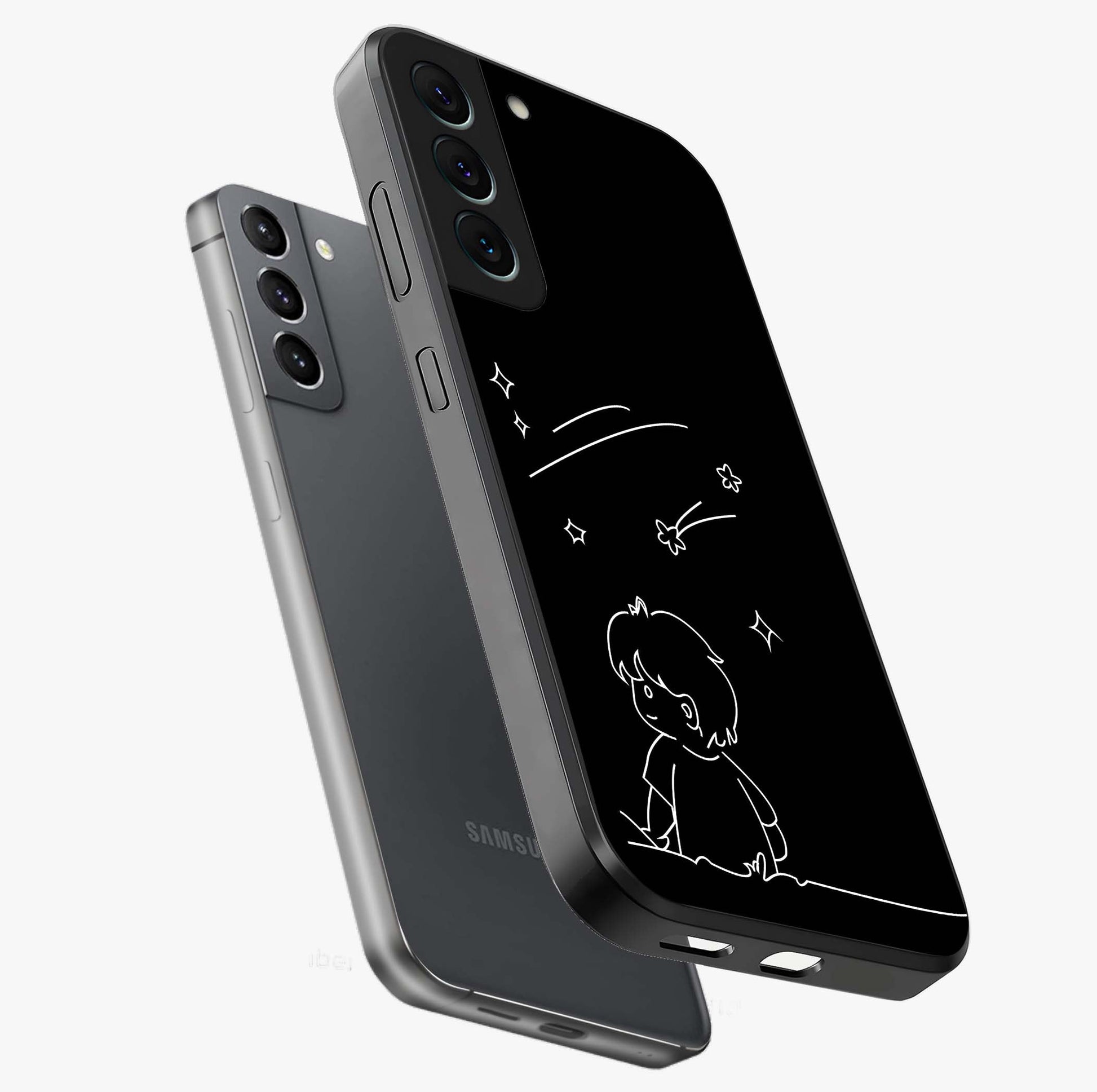 Line Art Boy With Shooting Stars Glass Case displayed in angled mockup highlighting elegant line art design with dreamy star aesthetic.