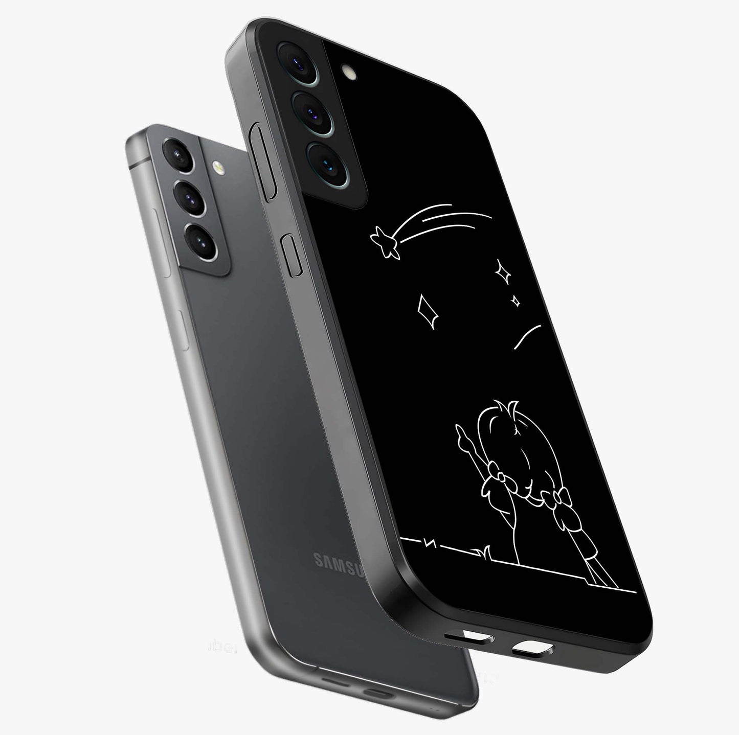 Line Art Girl With Shooting Stars Glass Case displayed in angled mockup highlighting elegant line art design with dreamy star aesthetic.