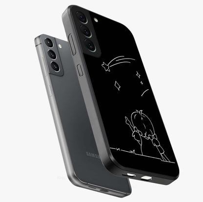 Line Art Girl With Shooting Stars Glass Case displayed in angled mockup highlighting elegant line art design with dreamy star aesthetic.
