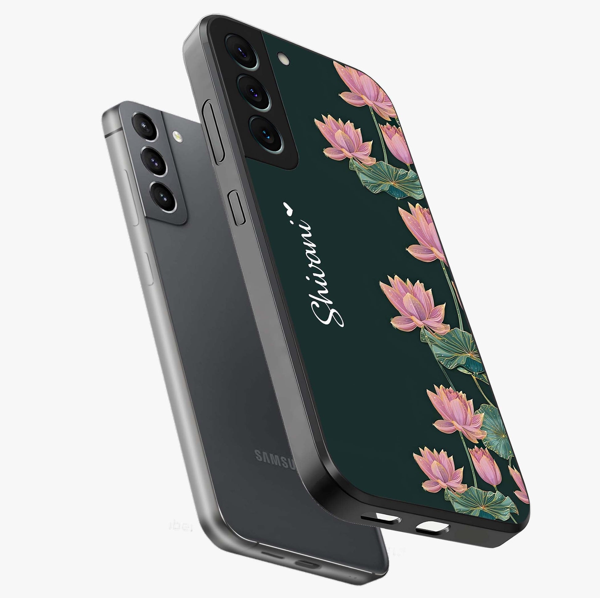 Lotus Bloom Serenity Custom Name Glass Case displayed in angled mockup highlighting graceful lotus illustration with custom name feature.