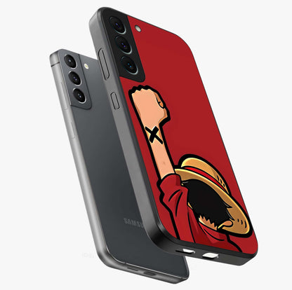 Luffy X Spirit Glass Case displayed in angled mockup highlighting powerful anime design with energetic action aesthetic.