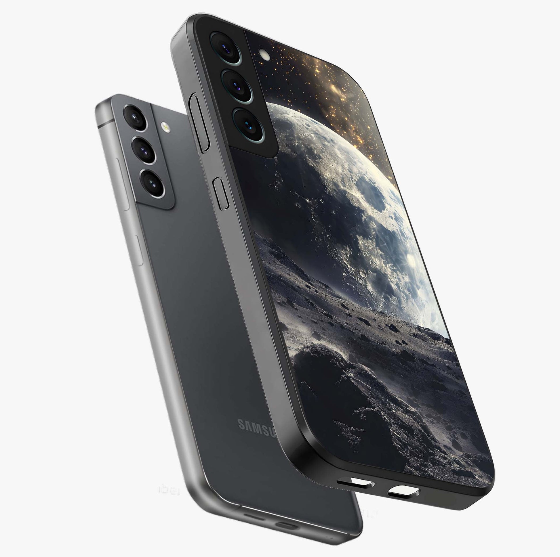 Lunar Horizon Glow Glass Case displayed in angled mockup highlighting celestial moon design with dreamy night aesthetic.