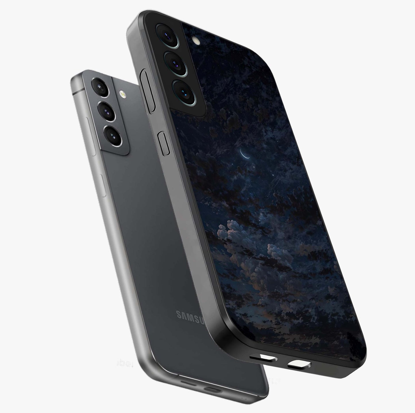 Lunar Veil Silence Glass Case displayed in angled mockup highlighting soft lunar design with peaceful celestial aesthetic.