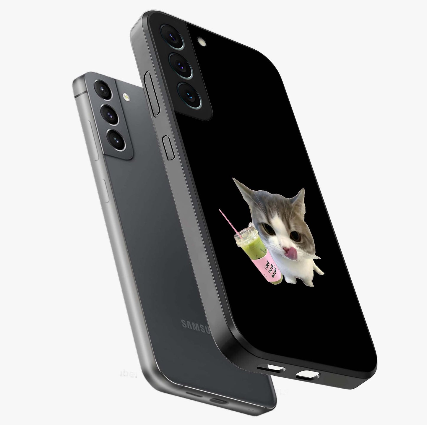 Matcha Cat Style Glass Case displayed in angled mockup highlighting playful feline design with pastel matcha aesthetic.