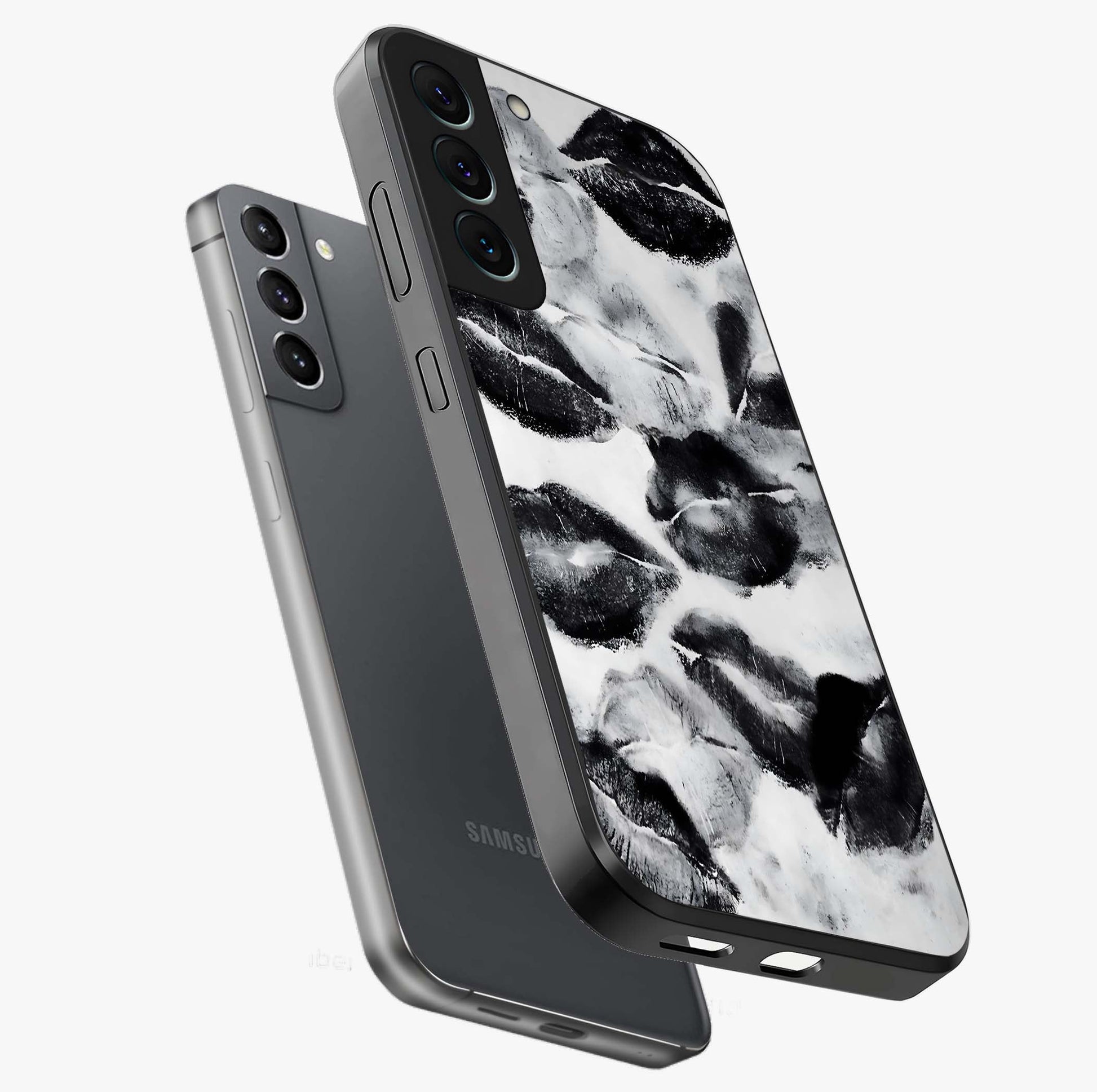 Midnight Kiss Marks Glass Case displayed in angled mockup highlighting playful romantic design with bold midnight aesthetic.