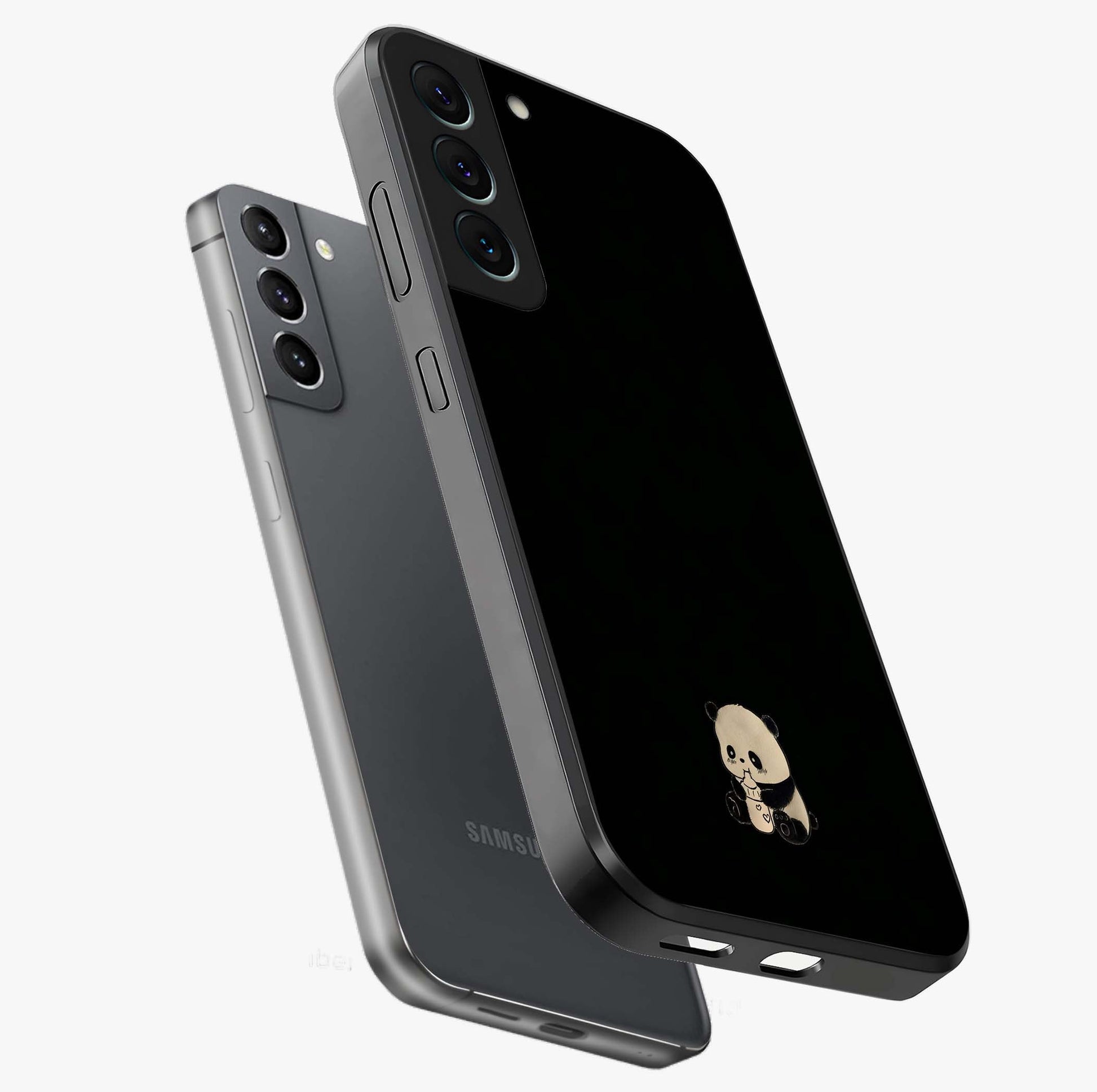 Midnight Panda Love Glass Case displayed in angled mockup highlighting adorable panda illustration with midnight aesthetic.