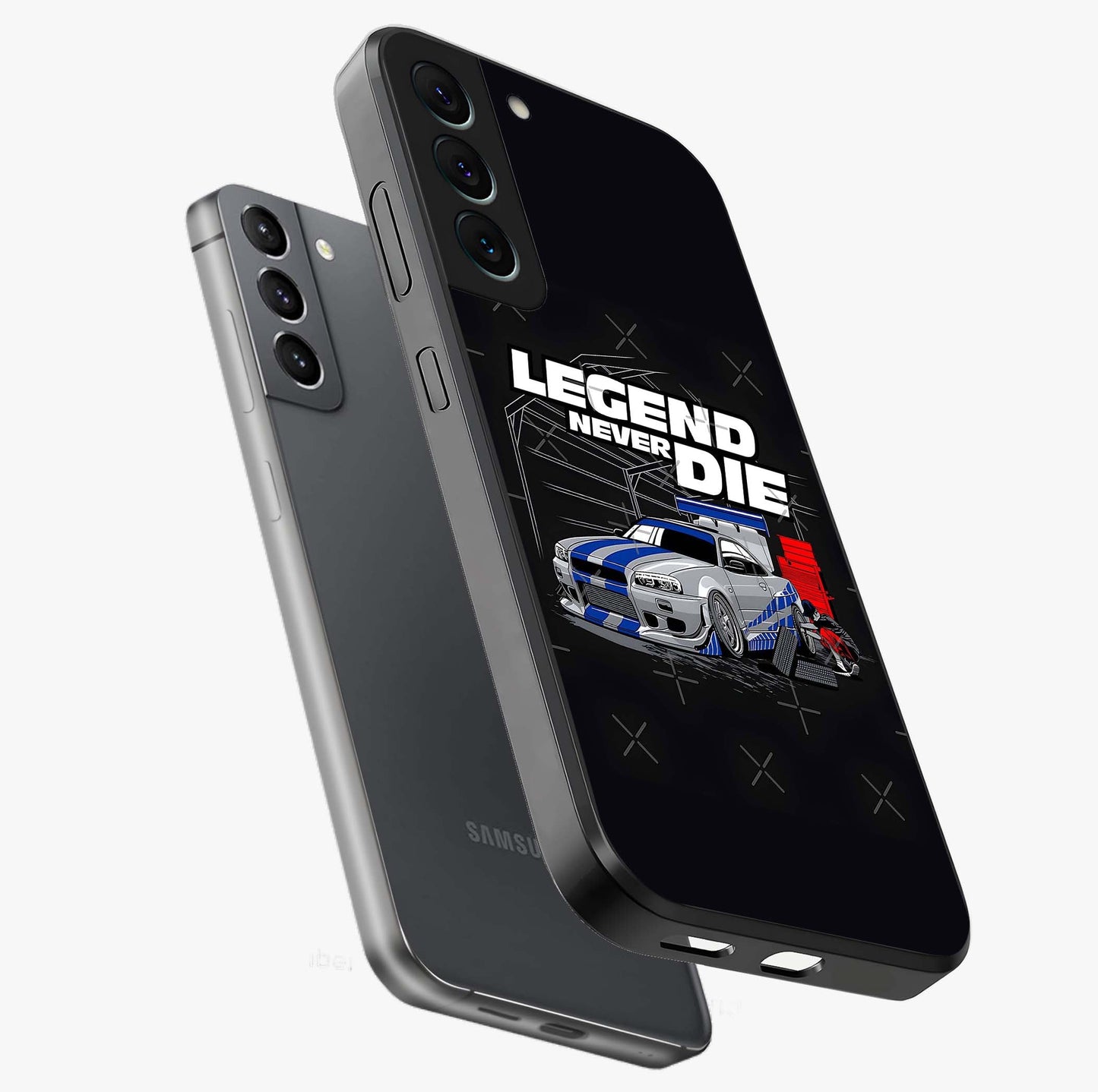 Midnight Racing Legacy Glass Case displayed in angled mockup highlighting dynamic automotive design with bold midnight aesthetic.