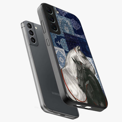 Midnight Stallion Blues Glass Case displayed in angled mockup highlighting powerful stallion illustration with deep midnight tones.