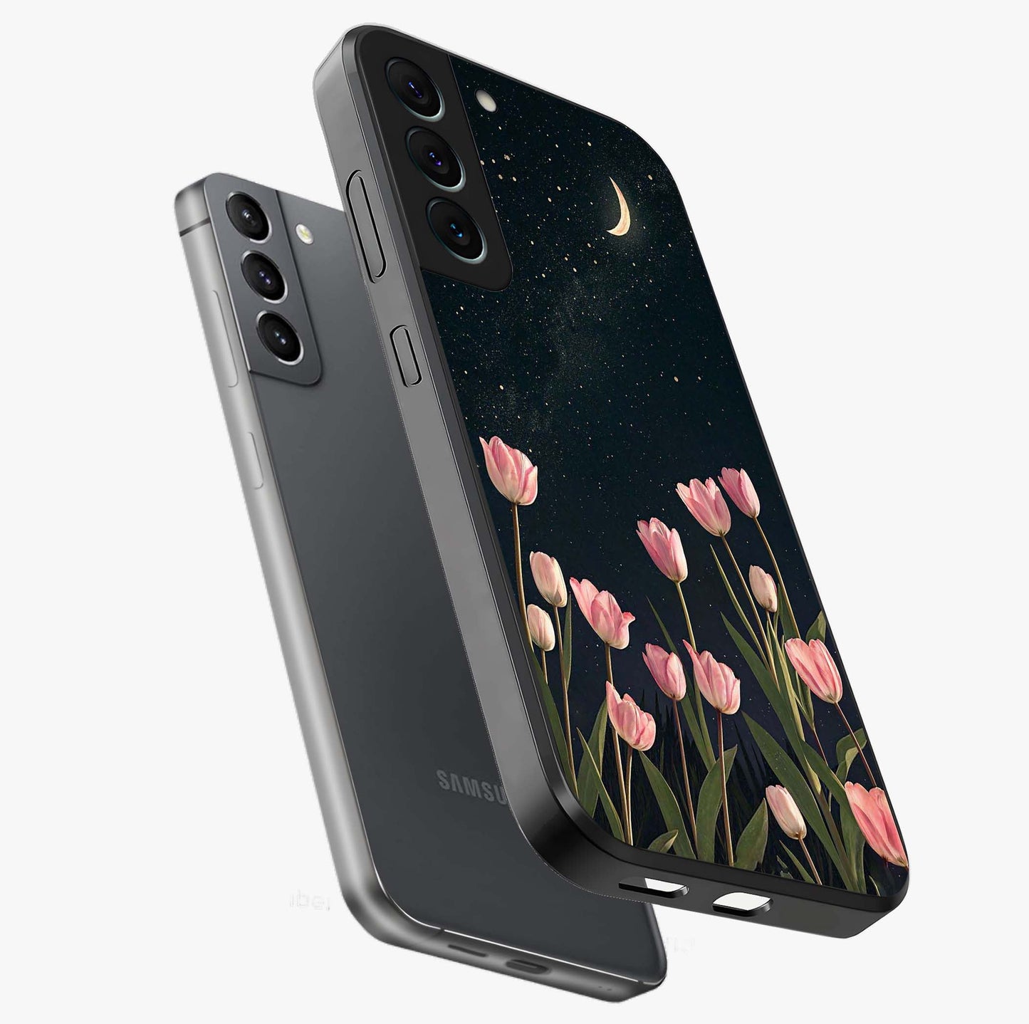 Midnight Tulip Whispers Vibe Glass Case displayed in angled mockup highlighting delicate tulip design with midnight floral aesthetic.