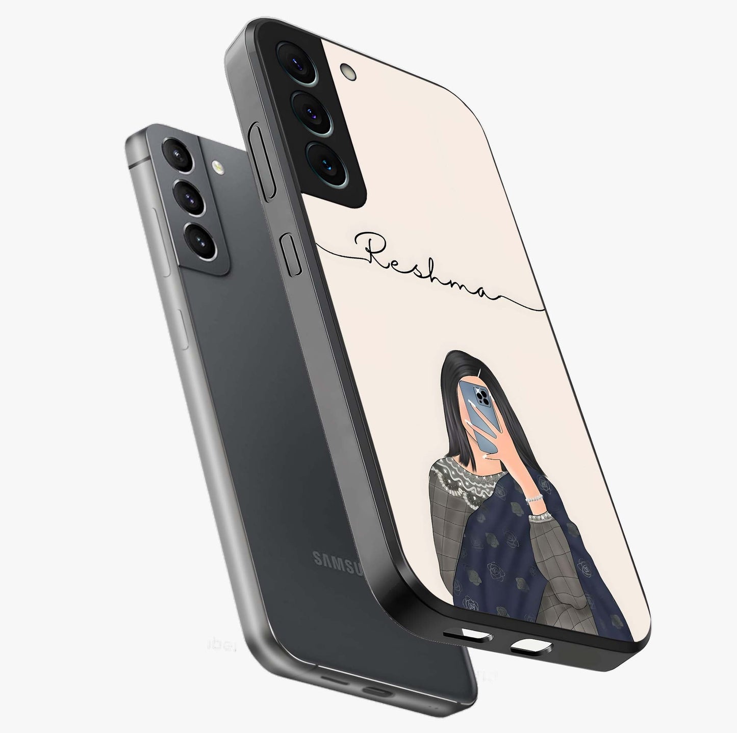 Mirror Mood Muse With Custom Name Glass Case displayed in angled mockup highlighting aesthetic mirror inspired design with custom name feature.