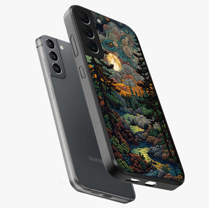 Moonlight Forest Dream Glass Case displayed in angled mockup highlighting dreamy forest design with glowing moon aesthetic.